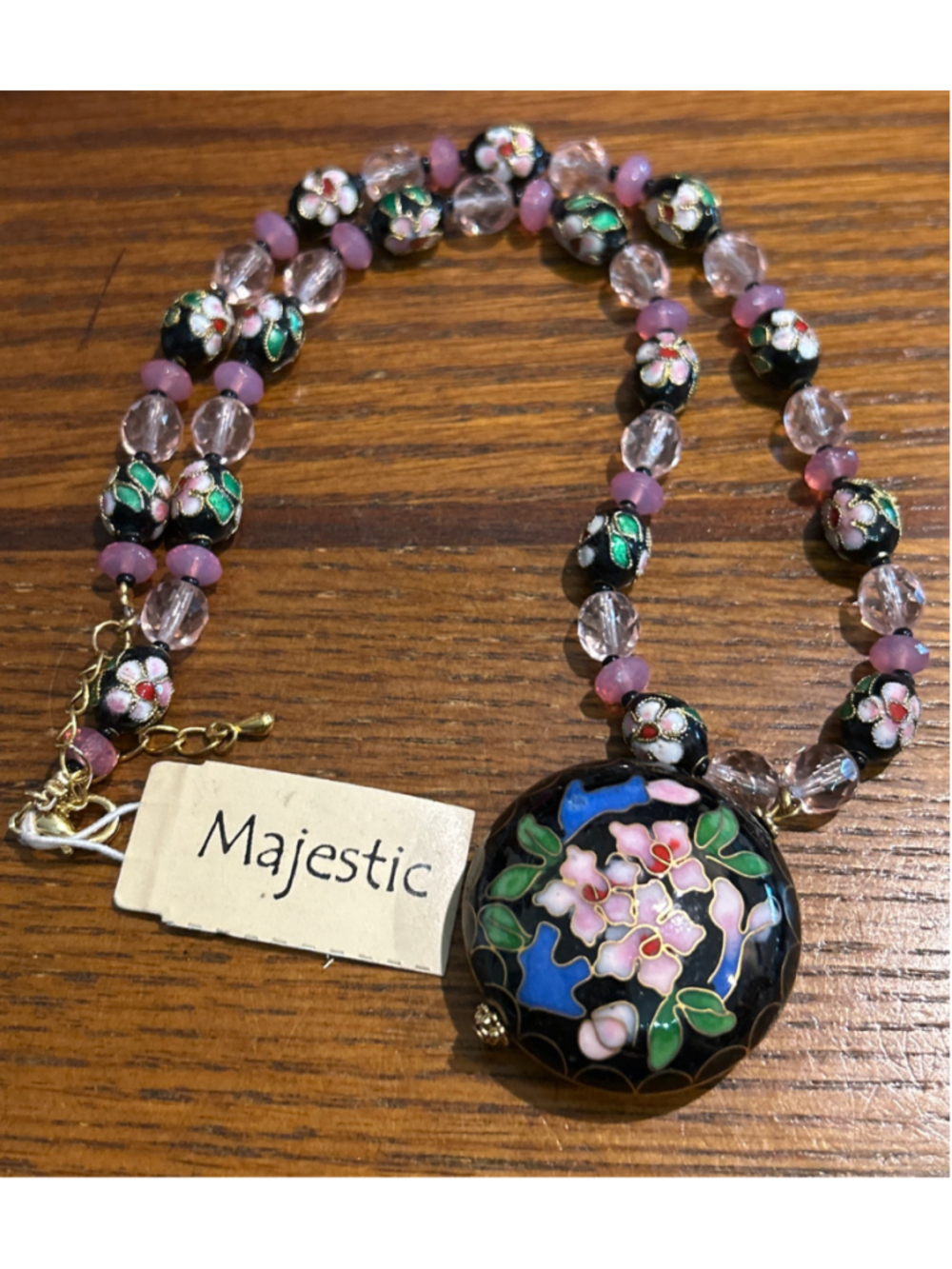 Women's Majestic Floral Cloisonne Necklace One Size Black Pink 16” 2” extension